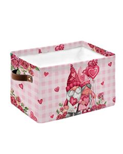 valentine's day gnomes storage bins shelf baskets, collapsible cube basket with handles, pink plaid love heart roses waterproof organizer for toys/closet/blanket 15"x11"x9.5", 1 pack