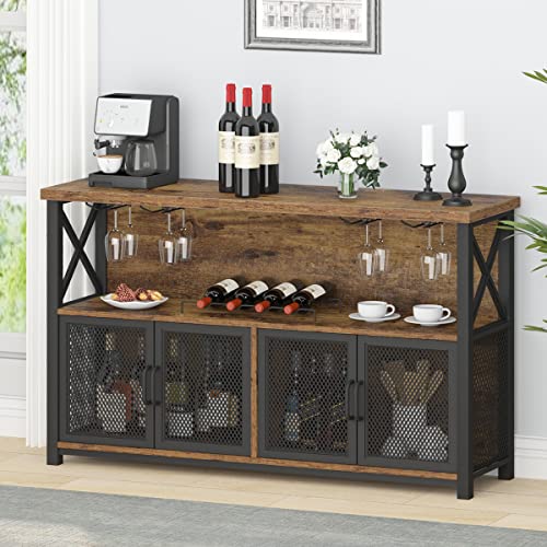 LVB Industrial Coffee Bar Cabinet, Farmhouse Wine Bar Cabinet for Liquor and Glasses, Metal Wood Sideboard Buffet Liquor Cabinet and Wine Rack with Storage for Home Dining Kitchen, Rustic Brown, 47 In