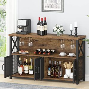 LVB Industrial Coffee Bar Cabinet, Farmhouse Wine Bar Cabinet for Liquor and Glasses, Metal Wood Sideboard Buffet Liquor Cabinet and Wine Rack with Storage for Home Dining Kitchen, Rustic Brown, 47 In