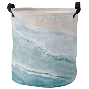 large laundry basket 16.5x17in, seaside aesthetic waterproof dirty clothes bag hamper with handles, blue green ombre sea beige beach collapsible sorter basket for bathroom bedroom home