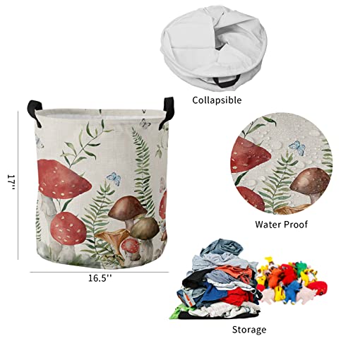 Large Laundry Basket 16.5x17in, Red Mushroom Waterproof Dirty Clothes Bag Hamper with Handles, Green Plant Flowers Butterfly Burlap Texture Collapsible Sorter Basket for Bathroom Home