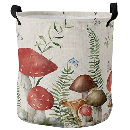 Large Laundry Basket 16.5x17in, Red Mushroom Waterproof Dirty Clothes Bag Hamper with Handles, Green Plant Flowers Butterfly Burlap Texture Collapsible Sorter Basket for Bathroom Home