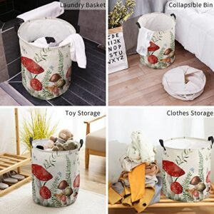 Large Laundry Basket 16.5x17in, Red Mushroom Waterproof Dirty Clothes Bag Hamper with Handles, Green Plant Flowers Butterfly Burlap Texture Collapsible Sorter Basket for Bathroom Home