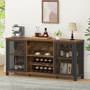 launica industrial coffee bar cabinet, wine bar cabinet for liquor and glasses, liquor cabinet with wine rack storage, wood metal sideboard buffet cabinet for home kitchen dining, rustic brown 55 inch