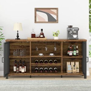 Launica Industrial Coffee Bar Cabinet, Wine Bar Cabinet for Liquor and Glasses, Liquor Cabinet with wine Rack Storage, Wood Metal Sideboard Buffet Cabinet for Home Kitchen Dining, Rustic Brown 55 Inch