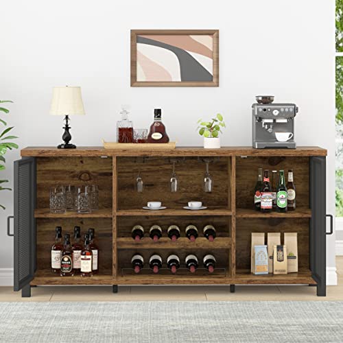 Launica Industrial Coffee Bar Cabinet, Wine Bar Cabinet for Liquor and Glasses, Liquor Cabinet with wine Rack Storage, Wood Metal Sideboard Buffet Cabinet for Home Kitchen Dining, Rustic Brown 55 Inch