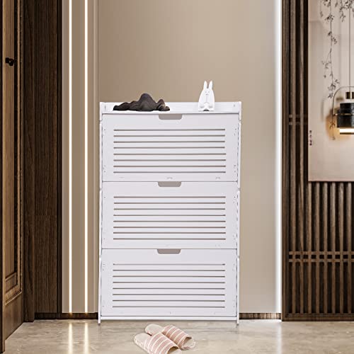 DYRABREST White Shoe Cabinet 3-Layer Shoe Rack Organizer with 3 Flip Drawers Modern Shoe Storage Cabinet Ultra-Thin Shoe Shelves Free Standing Shoe Rack for Entryway Hallway Bedroom