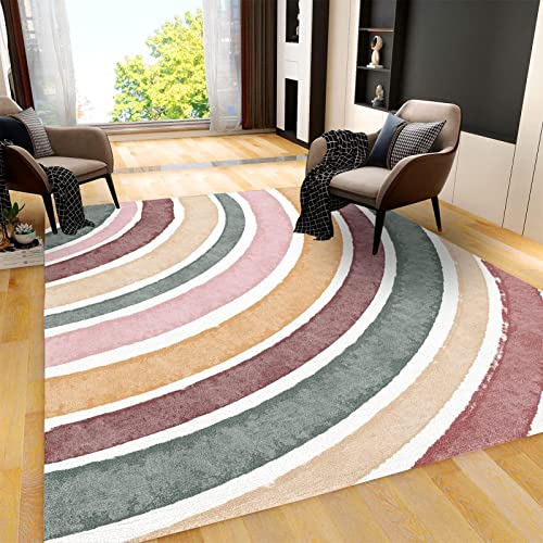 Mid Century Boho Rainbow Sun Area Rug, Retro Geometric Sunrise Bedroom Carpet, Soft Machine Washable Non-Slip Durable for Living Room Bedroom Study Dining Room Boy Girl Decor6 x 8ft