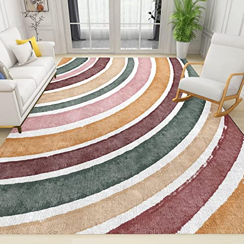 Mid Century Boho Rainbow Sun Area Rug, Retro Geometric Sunrise Bedroom Carpet, Soft Machine Washable Non-Slip Durable for Living Room Bedroom Study Dining Room Boy Girl Decor6 x 8ft