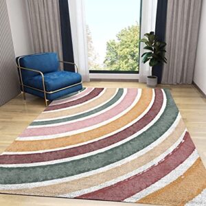 Mid Century Boho Rainbow Sun Area Rug, Retro Geometric Sunrise Bedroom Carpet, Soft Machine Washable Non-Slip Durable for Living Room Bedroom Study Dining Room Boy Girl Decor6 x 8ft