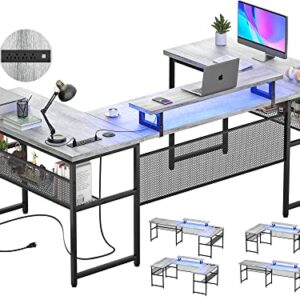 Unikito U Shaped Computer Desk with Power Outlet and LED Strip, Reversible L Shaped Office Desk with Monitor Stand and Bookshelf, Modern U- Shape Corner Desk, 130 Inch 2 Person Gaming Table, White Oak