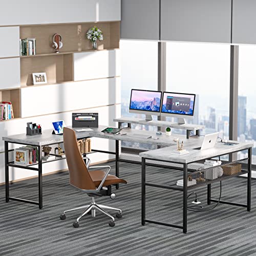 Unikito U Shaped Computer Desk with Power Outlet and LED Strip, Reversible L Shaped Office Desk with Monitor Stand and Bookshelf, Modern U- Shape Corner Desk, 130 Inch 2 Person Gaming Table, White Oak