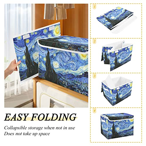 CaTaKu Large Fabric Storage Bins With Lids, Van Gogh The Starry Night Storage Boxes With Handles for Organizing Clothes, Collapsible Storage Cube Bins Baskets for Shelves