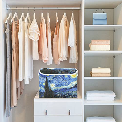 CaTaKu Large Fabric Storage Bins With Lids, Van Gogh The Starry Night Storage Boxes With Handles for Organizing Clothes, Collapsible Storage Cube Bins Baskets for Shelves