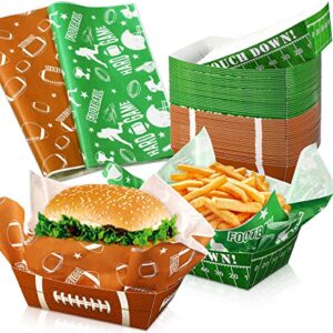 200 pcs football party supplies 1.1 lb 100 paper food trays serving boats with 100 grease resistant liner papers waxed deli paper sheets for football birthday sport game party favors decorations