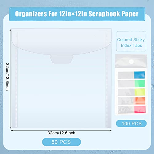 80 Pcs Scrapbook Paper Storage Organizer 12 x 12'' Waterproof Individual Top Loading Files with 100 Sticky Index Tabs Scrapbook Paper Storage for Holding Scrapbook Paper Cardstock Vinyl File Photos