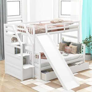 twin over full bunk bed with 2 drawers and slide,solid wood bunk bed frame with convertible storage staircase for kids, teens bedroom, guest room furniture, no box spring needed