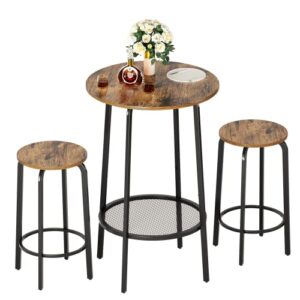furmax 3 piece pub dining set for 2 small kitchen breakfast table set space saving counter height stools and round bar table for apartment nook balcony dining room with metal frame and wine rack,brown