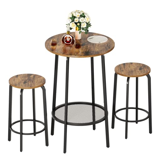 Furmax 3 Piece Pub Dining Set for 2 Small Kitchen Breakfast Table Set Space Saving Counter Height Stools and Round bar Table for Apartment Nook Balcony Dining Room with Metal Frame and Wine Rack,Brown