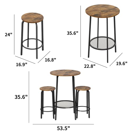 Furmax 3 Piece Pub Dining Set for 2 Small Kitchen Breakfast Table Set Space Saving Counter Height Stools and Round bar Table for Apartment Nook Balcony Dining Room with Metal Frame and Wine Rack,Brown