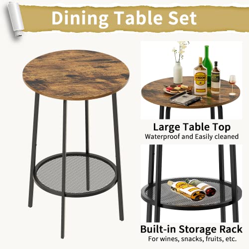 Furmax 3 Piece Pub Dining Set for 2 Small Kitchen Breakfast Table Set Space Saving Counter Height Stools and Round bar Table for Apartment Nook Balcony Dining Room with Metal Frame and Wine Rack,Brown