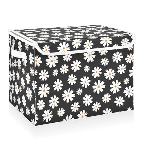 CaTaKu Large Fabric Storage Bins With Lids,Black Wildflower Daisy Storage Boxes With Handles for Organizing Clothes, Collapsible Decorative Storage Cube Bins Baskets for Shelves