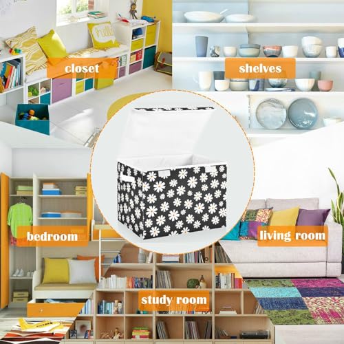 CaTaKu Large Fabric Storage Bins With Lids,Black Wildflower Daisy Storage Boxes With Handles for Organizing Clothes, Collapsible Decorative Storage Cube Bins Baskets for Shelves