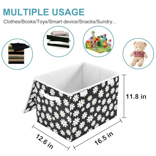CaTaKu Large Fabric Storage Bins With Lids,Black Wildflower Daisy Storage Boxes With Handles for Organizing Clothes, Collapsible Decorative Storage Cube Bins Baskets for Shelves