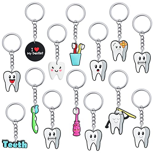 Tooth Shape Keychain Dentist Tooth Key Ring Dental Assistant Gifts Cute Tooth Ornament Decorative Keychain Ornament Dental Gift for Dental Students Office Staffs Dental Assistants, 12 Styles (36 Pcs)