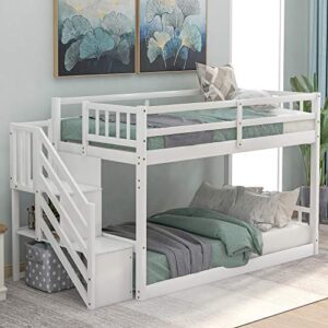 twin over twin floor bunk bed with storage shelves,low bunk bed frame with stairs and guardrails for bedroom, dorm, kids, teens, no box spring required