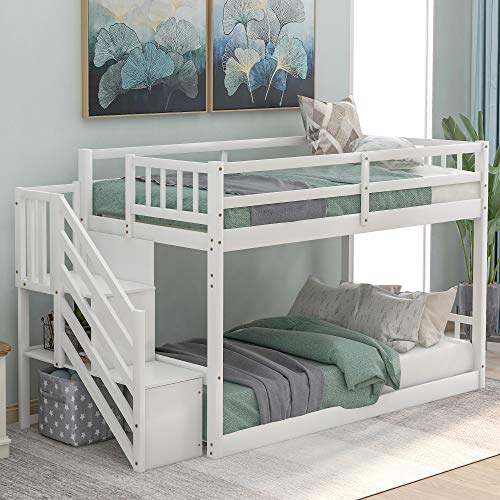 Twin Over Twin Floor Bunk Bed with Storage Shelves,Low Bunk Bed Frame with Stairs and Guardrails for Bedroom, Dorm, Kids, Teens, No Box Spring Required