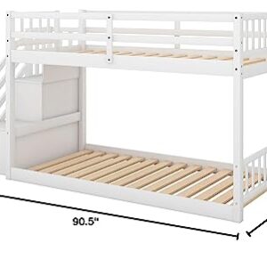 Twin Over Twin Floor Bunk Bed with Storage Shelves,Low Bunk Bed Frame with Stairs and Guardrails for Bedroom, Dorm, Kids, Teens, No Box Spring Required