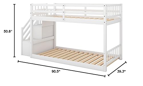 Twin Over Twin Floor Bunk Bed with Storage Shelves,Low Bunk Bed Frame with Stairs and Guardrails for Bedroom, Dorm, Kids, Teens, No Box Spring Required