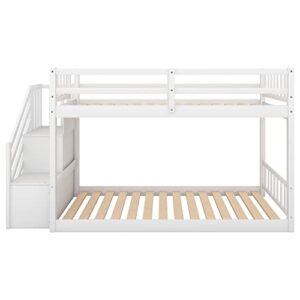 Twin Over Twin Floor Bunk Bed with Storage Shelves,Low Bunk Bed Frame with Stairs and Guardrails for Bedroom, Dorm, Kids, Teens, No Box Spring Required