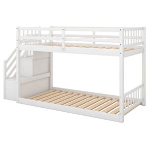 Twin Over Twin Floor Bunk Bed with Storage Shelves,Low Bunk Bed Frame with Stairs and Guardrails for Bedroom, Dorm, Kids, Teens, No Box Spring Required