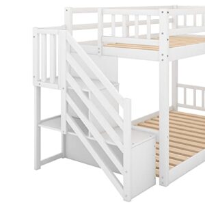 Twin Over Twin Floor Bunk Bed with Storage Shelves,Low Bunk Bed Frame with Stairs and Guardrails for Bedroom, Dorm, Kids, Teens, No Box Spring Required