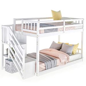 Twin Over Twin Floor Bunk Bed with Storage Shelves,Low Bunk Bed Frame with Stairs and Guardrails for Bedroom, Dorm, Kids, Teens, No Box Spring Required