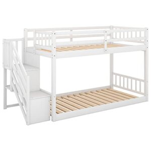 Twin Over Twin Floor Bunk Bed with Storage Shelves,Low Bunk Bed Frame with Stairs and Guardrails for Bedroom, Dorm, Kids, Teens, No Box Spring Required