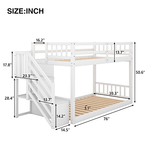 Twin Over Twin Floor Bunk Bed with Storage Shelves,Low Bunk Bed Frame with Stairs and Guardrails for Bedroom, Dorm, Kids, Teens, No Box Spring Required