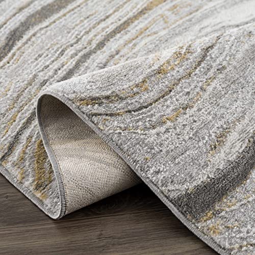 Hauteloom Liverpool Modern Abstract Bedroom Living Room Area Rug - Marble Swirl Pattern - Contemporary Bohemian Farmhouse - Light Grey, Dark Grey, Yellow - 7'10" x 10'