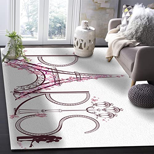 Paris Eiffel Tower Pink Flower Area Carpet, Lovers Street Lamp Valentine's Day Decorative Rug, Soft Comfortable Non-Slip Rubber Backing for Living Room Hallway Bedroom Boy Girl3 x 2ft