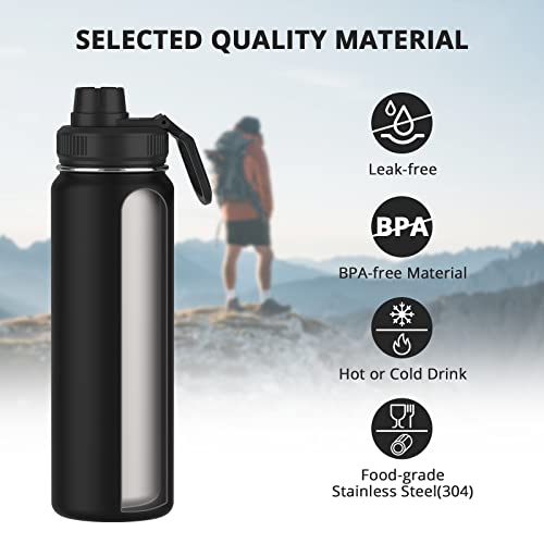 WATERH Insulated Smart Water Bottles with Straw, Intake Tracker, Water Safety Analyzer, LED Reminder, BPA Free, 18 oz Double Wall Vacuum Stainless Steel Thermos (Straw Lid (Non Smart), Black)