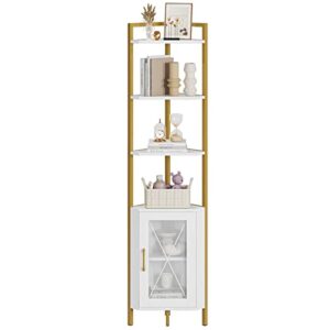 hithos 71" tall corner shelf, 6-tier corner bookcase, gold bookshelf with storage cabinet, modern display shelf, free standing storage rack plant stand for living room, bedroom, home office, white