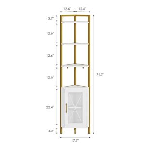 HITHOS 71" Tall Corner Shelf, 6-Tier Corner Bookcase, Gold Bookshelf with Storage Cabinet, Modern Display Shelf, Free Standing Storage Rack Plant Stand for Living Room, Bedroom, Home Office, White