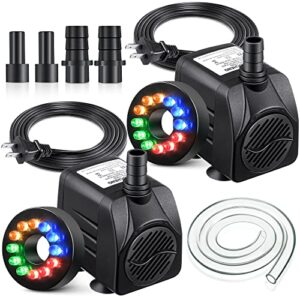 2 pack 15w 220gph submersible fountain water pump with 12 led lights, aquarium fish tank water pump with 13mm and 8mm spray nozzles 9.8ft tubing for water feature pond home fountain statuary gardens