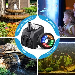 2 Pack 15W 220GPH Submersible Fountain Water Pump with 12 LED Lights, Aquarium Fish Tank Water Pump with 13mm and 8mm Spray Nozzles 9.8ft Tubing for Water Feature Pond Home Fountain Statuary Gardens