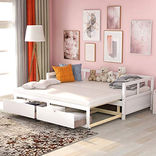 Twin to King Daybed with Trundle and Storage Drawers, Day Bed Frame Wooden Extendable Convertible Boho Funiture for Guest Room, Bedroom