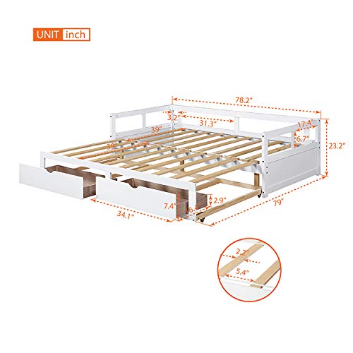 Twin to King Daybed with Trundle and Storage Drawers, Day Bed Frame Wooden Extendable Convertible Boho Funiture for Guest Room, Bedroom