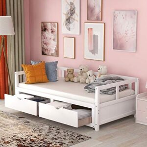 Twin to King Daybed with Trundle and Storage Drawers, Day Bed Frame Wooden Extendable Convertible Boho Funiture for Guest Room, Bedroom