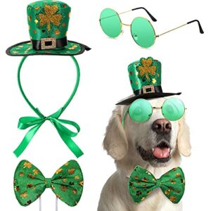 3 pcs st patrick's day dog costume, st. patty's day doggie headband green round pet sunglasses and green shamrock bow tie kit for medium large dogs